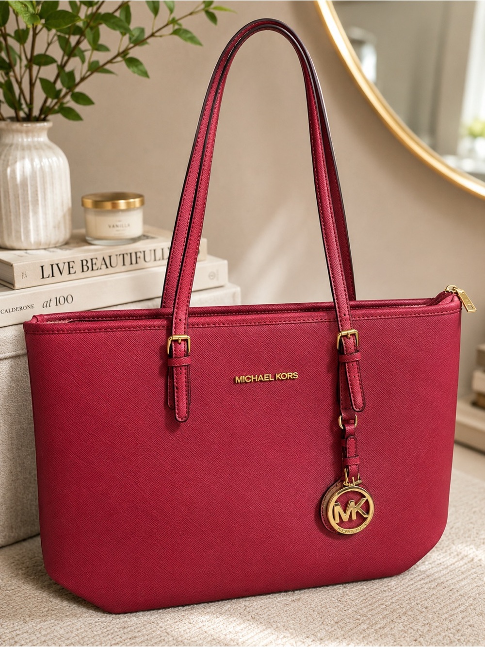 Michael Kors Burgundy Tote with Gold Hardware
